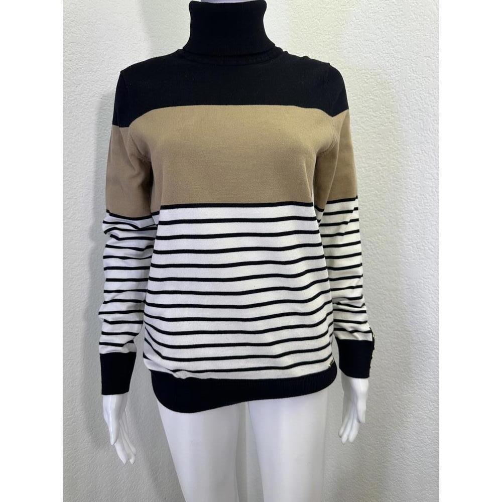 NWOT Sz M Tommy Hilfiger Cotton Blend Turtleneck Sweater Tan Black Striped